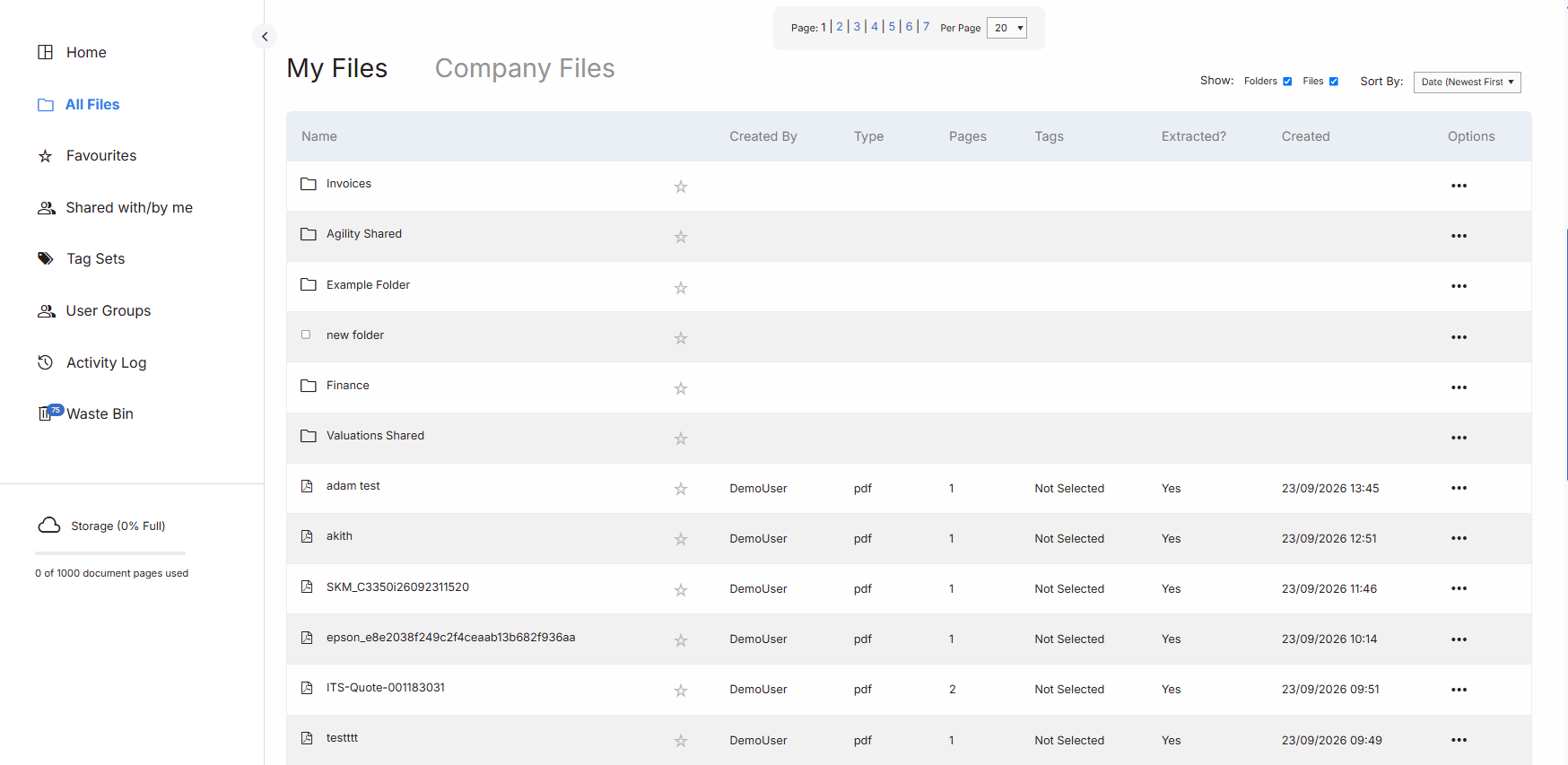 Agility dashboard showing My Files and Company Files, document folders, sharing, user groups, activity log and waste bin