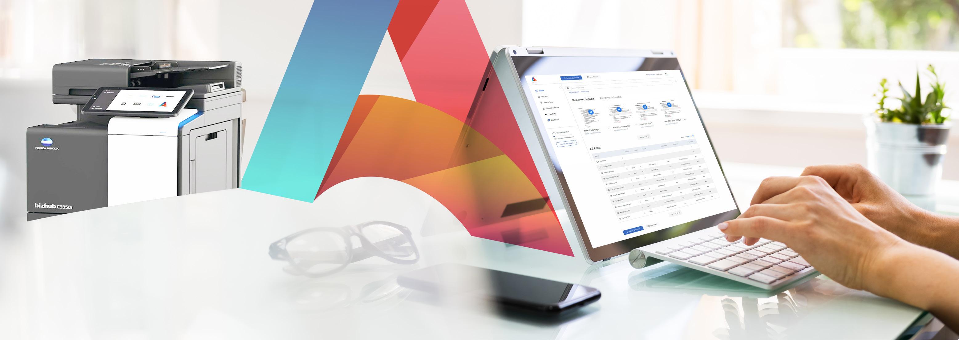 Agility document software in use on a tablet beside an office scanner